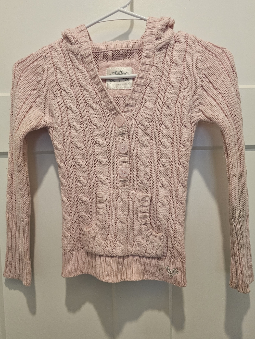 Justice Pink Cable Knit Girls Sweater Size 7 Long Sleeve Hooded Pullover